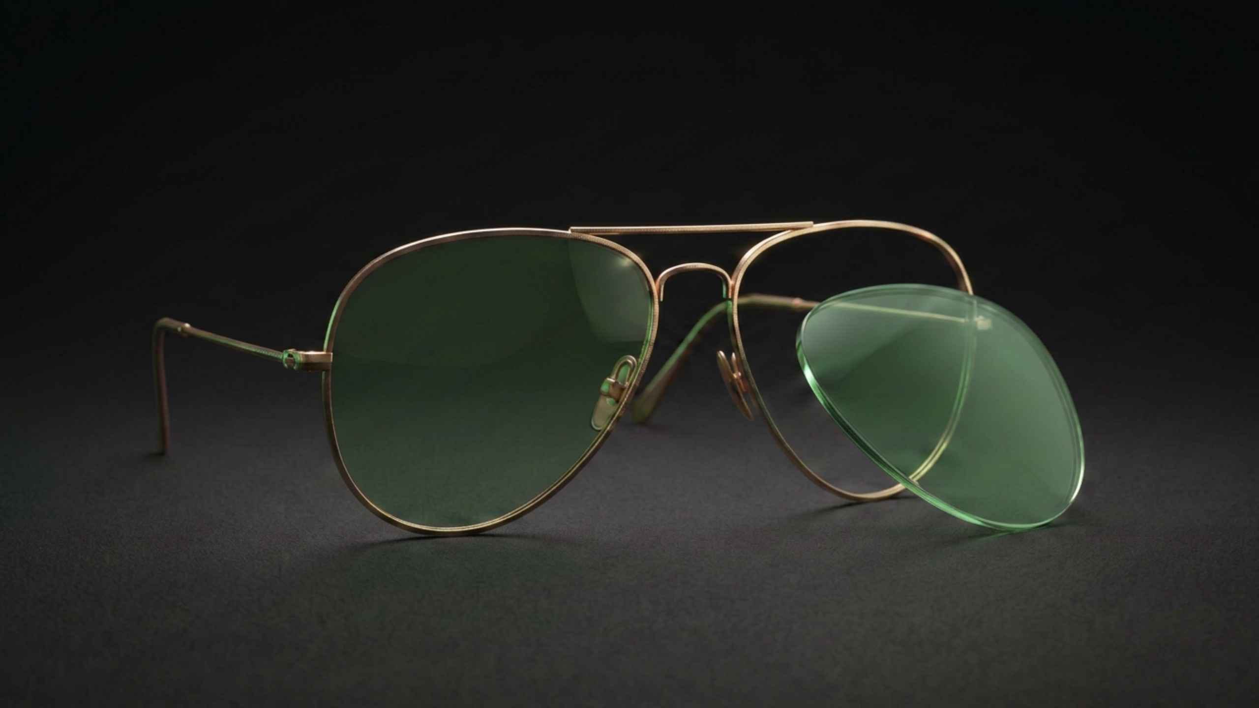 Teardrop metal aviator-style sunglasses on a dark surface with one lens removed beside the frame