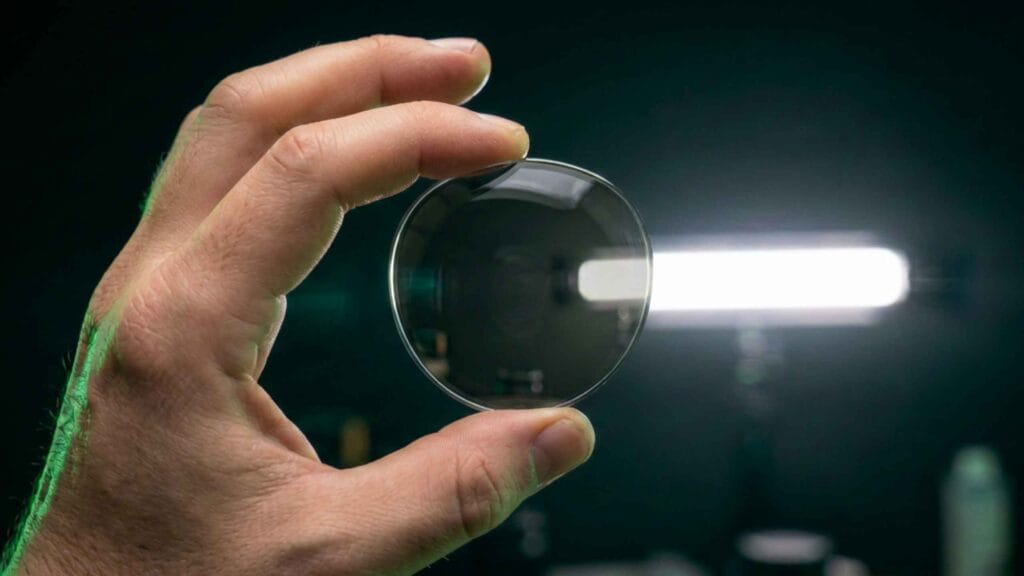 Hand holding a sunglass lens up against bright reflected light on a dark background