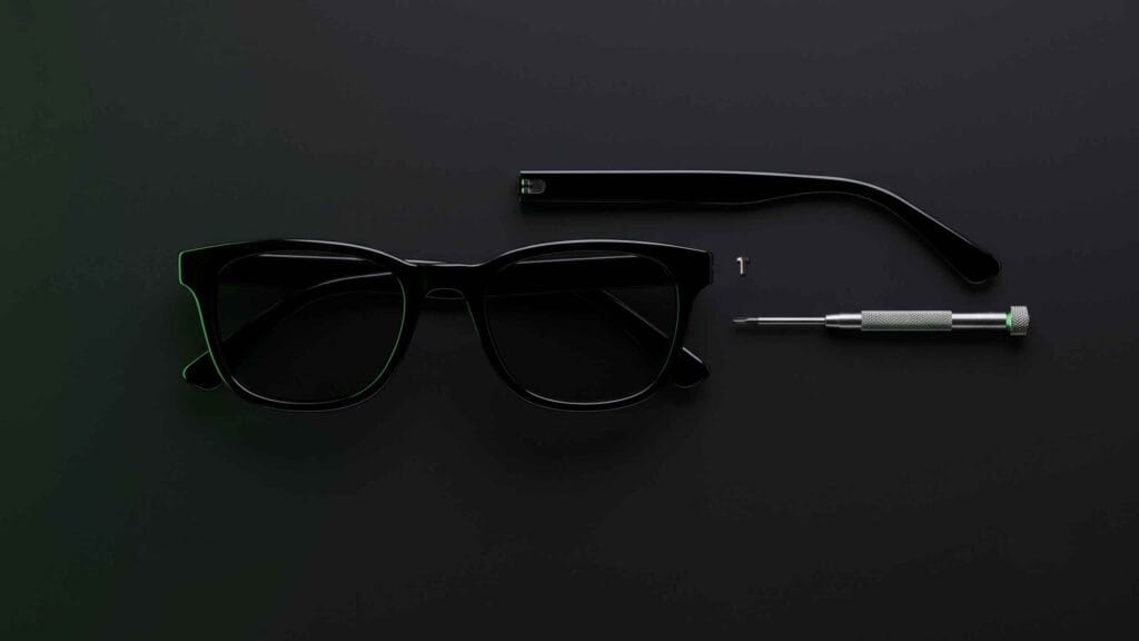 Detached temple arm beside a sunglasses frame and a precision screwdriver on a dark surface