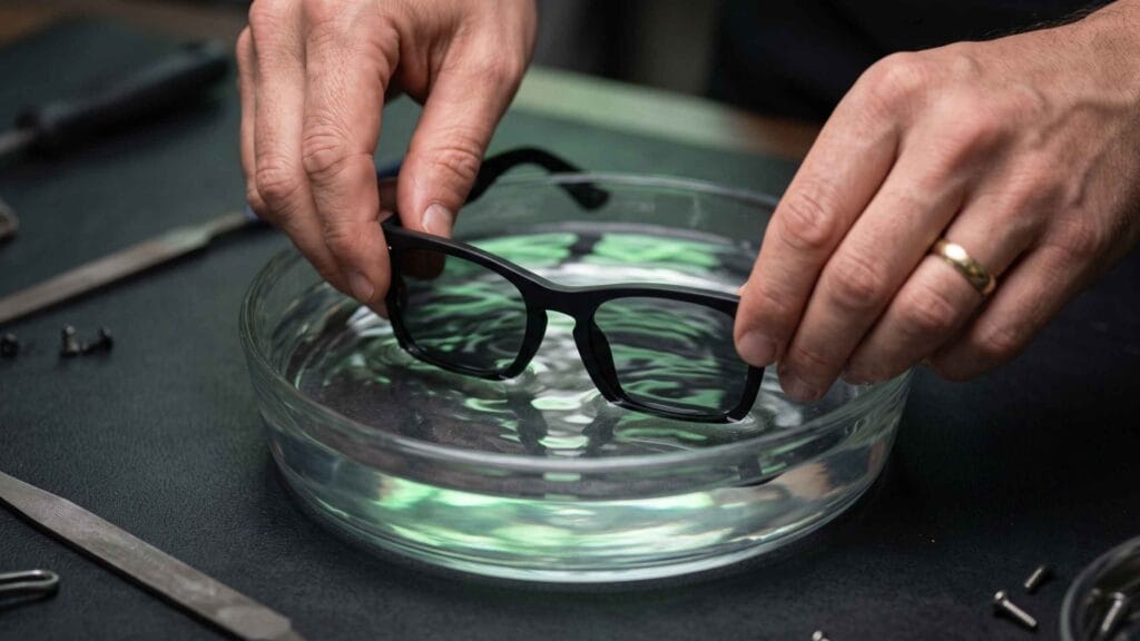 Hands dipping a black acetate sunglasses frame into a bowl of warm water before lens removal