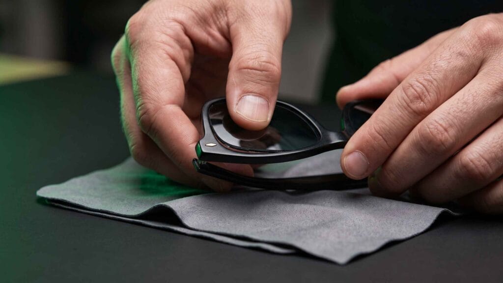 Hands pressing a new replacement lens into the rim of a black acetate sunglasses frame